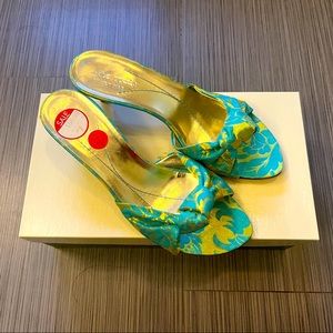 Beautiful turquoise and gold sandals. Never worn. 2-1/4 inch heel.